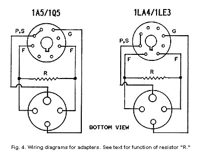 Fig. 4. Wiring diagrams for adapters. See text for function of resistor 'R.'