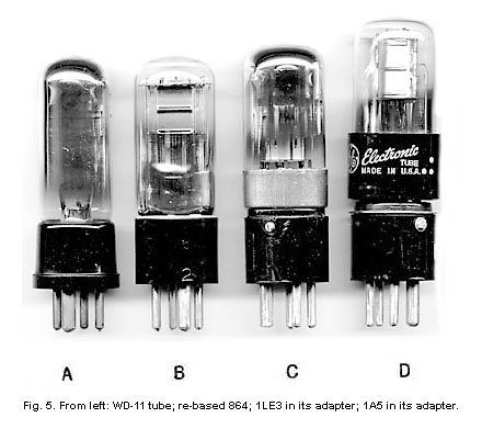 Fig. 5. From left: WD-11 tube; re-based 864; 1LE3 in its adapter; 1A5 in its adapter.